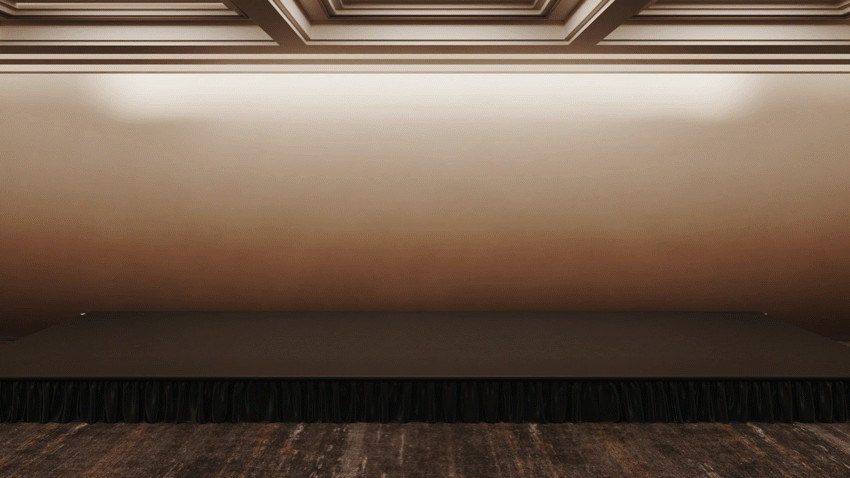 ballroom stage with various furniture and drape setups
