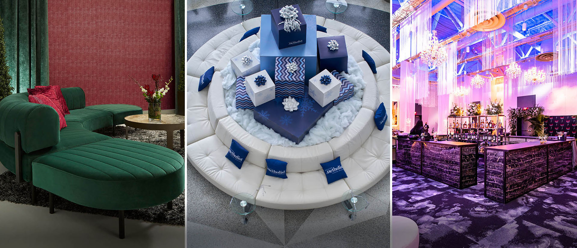 collage of red and green, blue and white and black and gold holiday parties
