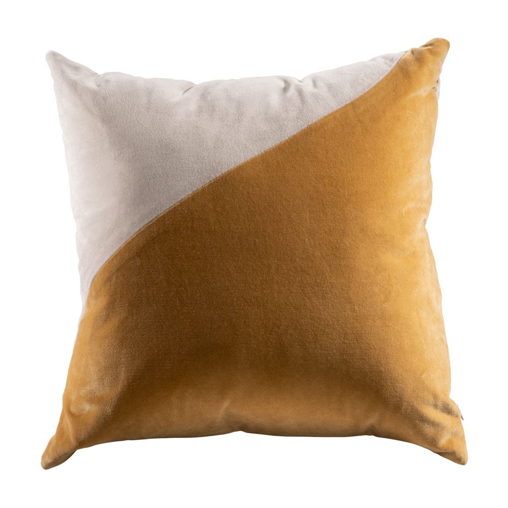 Two-toned, golden wheat yellow and taupe velvet pillow for rent