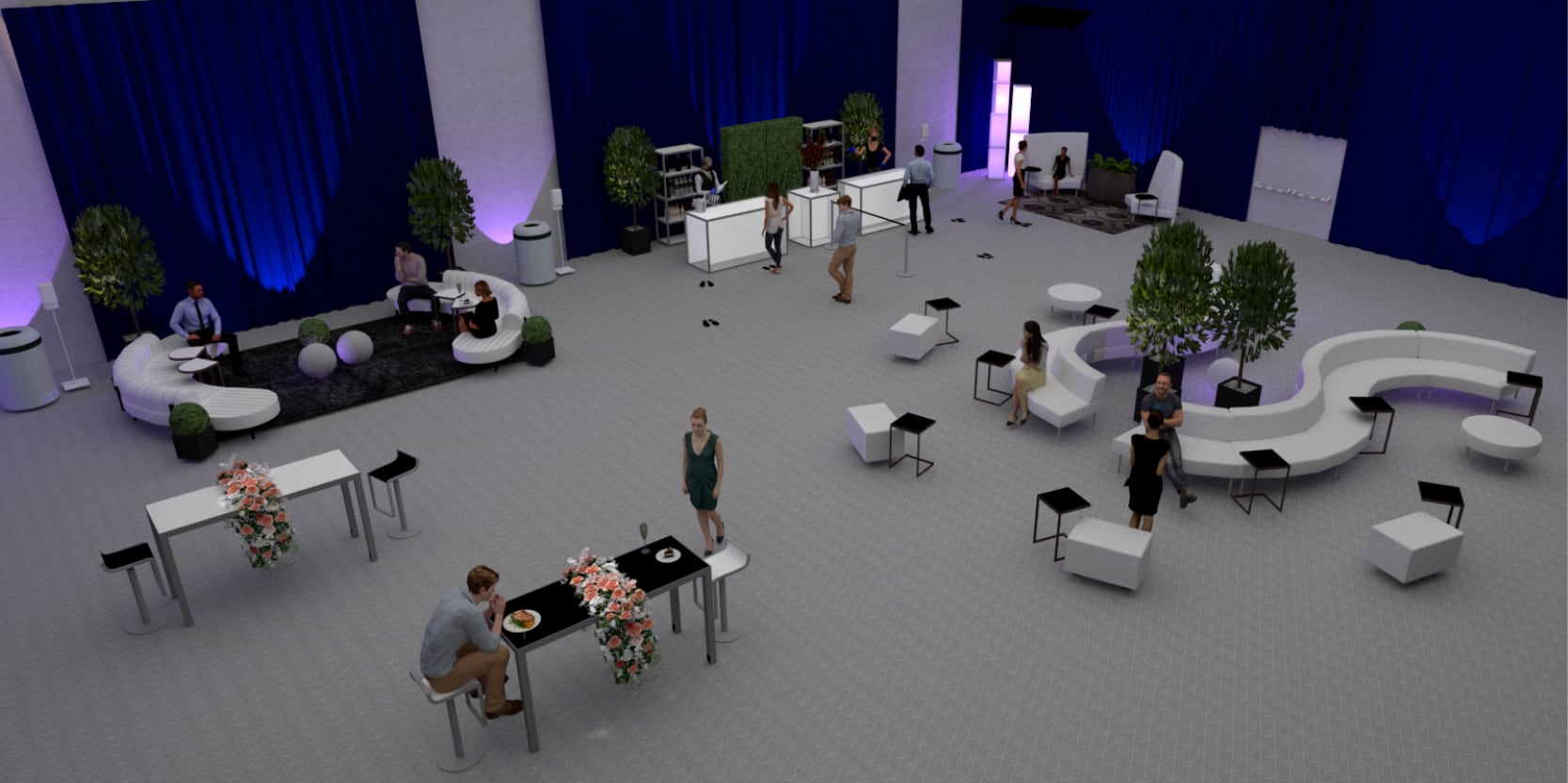 3d rendering of an event with social distancing in mind